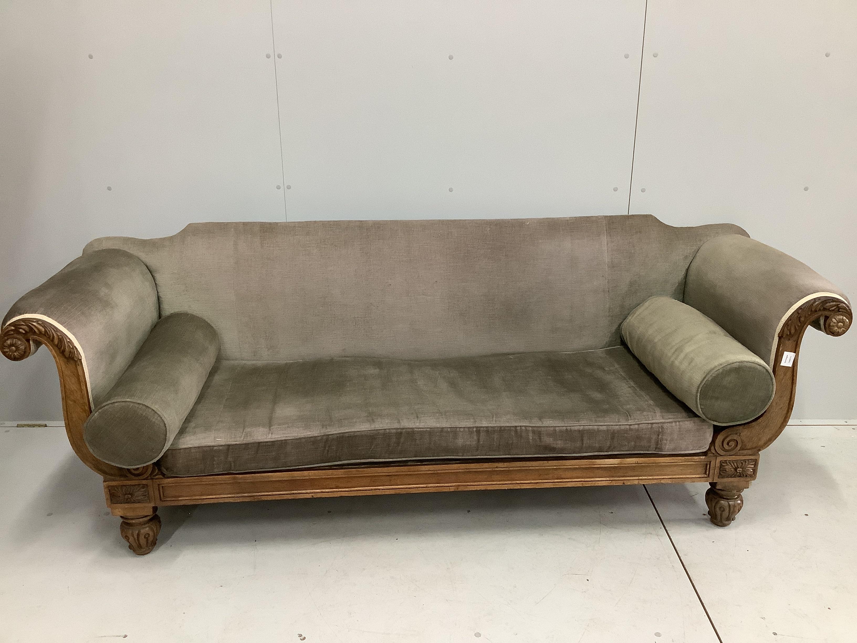 A William IV mahogany scroll arm settee, width 226cm, depth 70cm, height 80cm